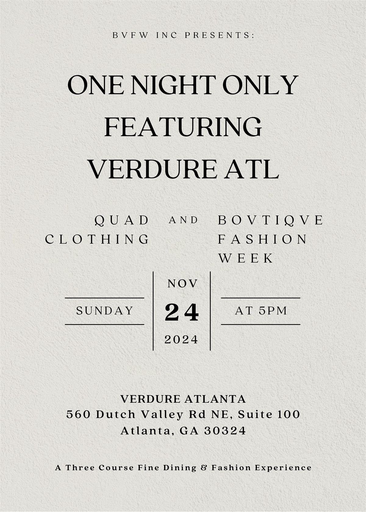 BVFW Presents: One Night Only - A Fine Dining & Fashion Experience