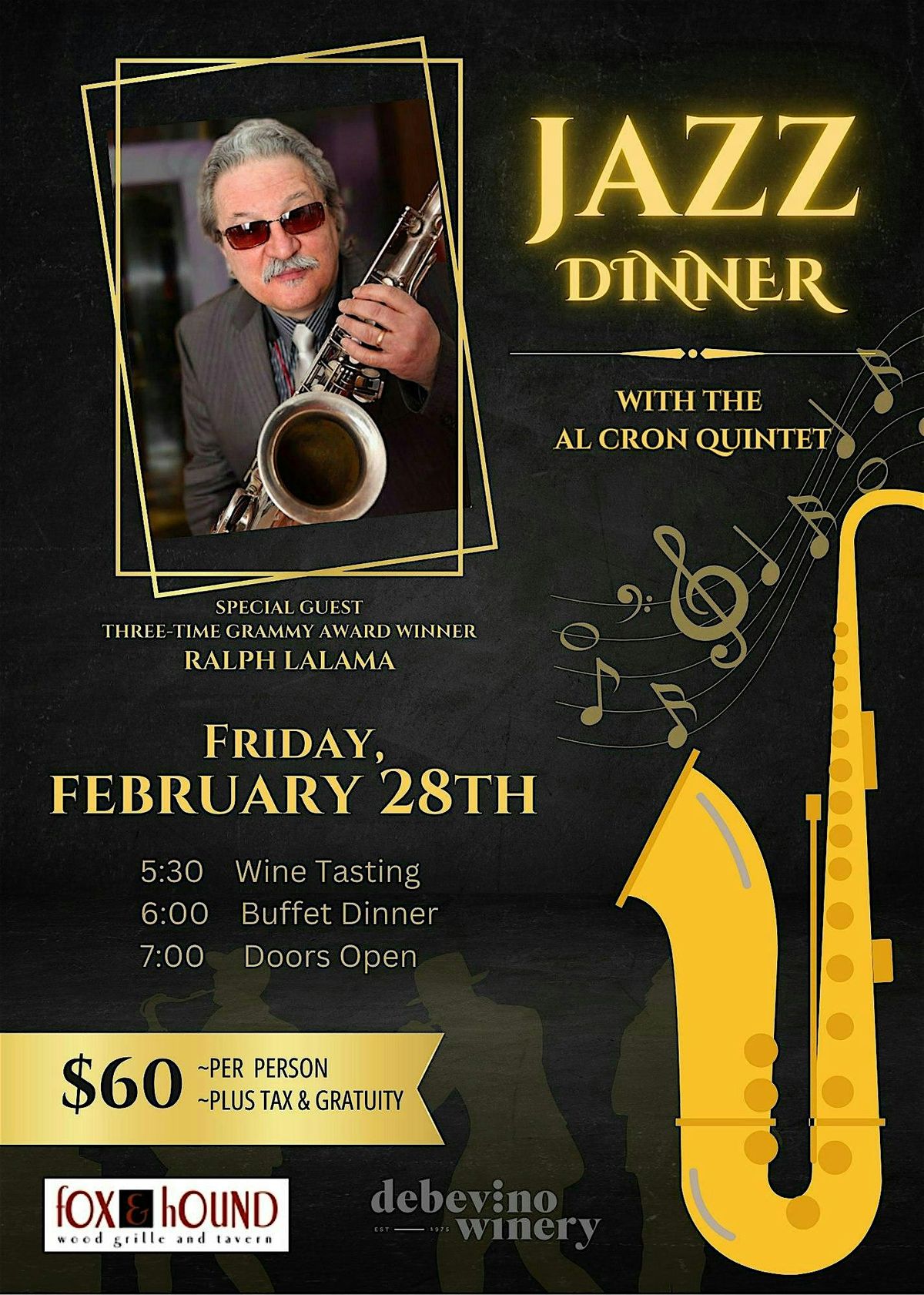 Jazz Dinner with the Al Cron Quintet & Special Guest ~ Ralph Lalama