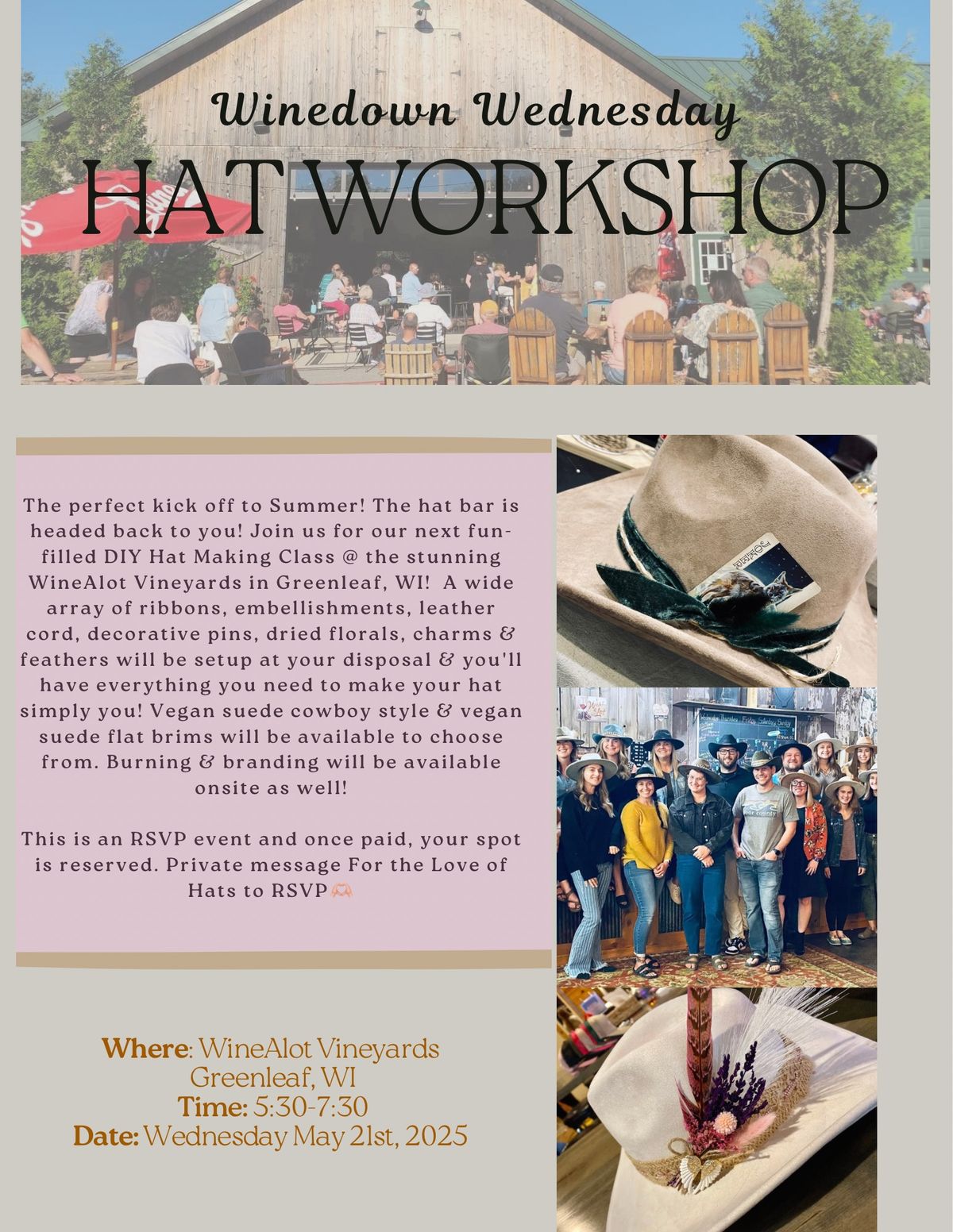 Wine Down Wednesday Hat Workshop @ WineAlot Pub & Vineyards in Greenleaf, WI