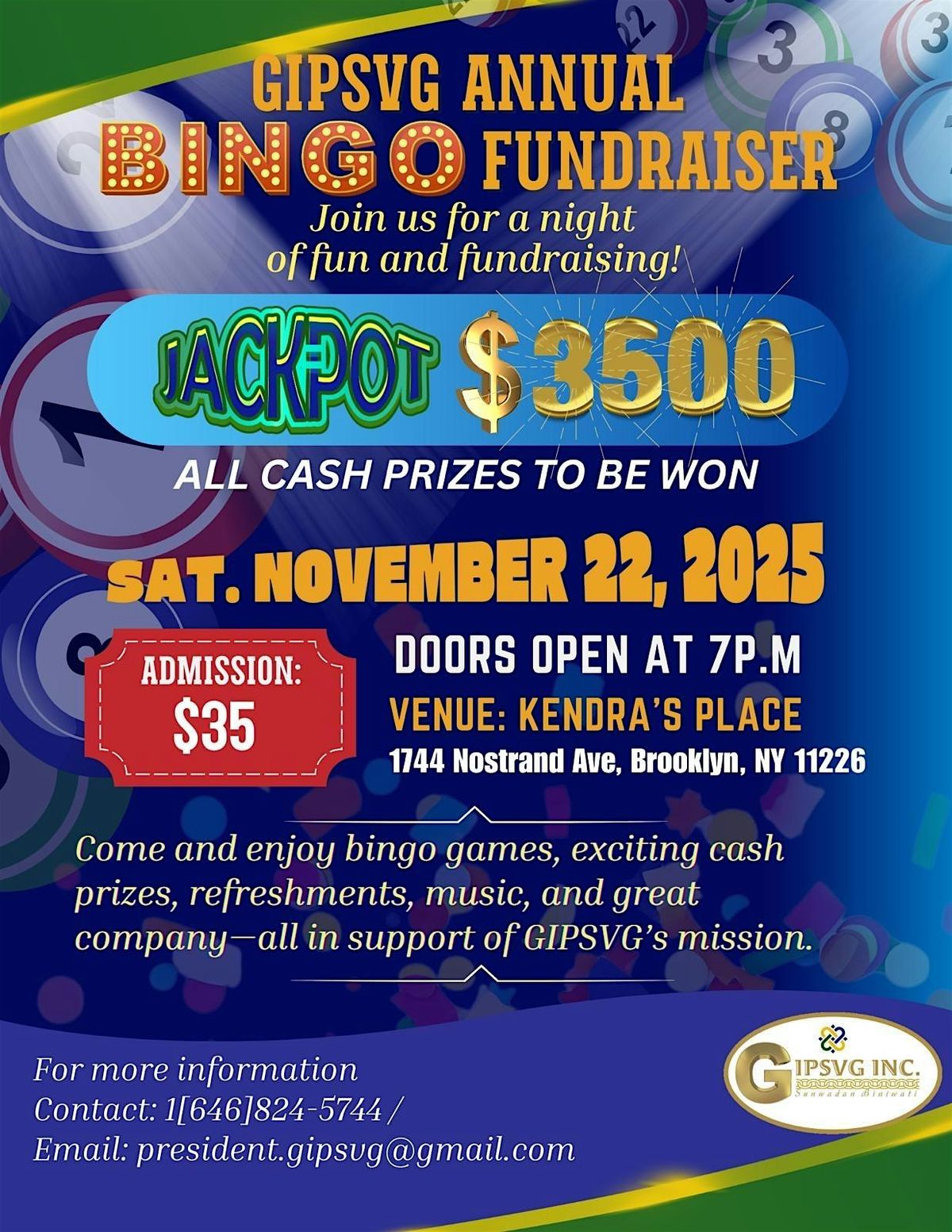 GIPSVG ANNUAL BINGO FUNDRAISER