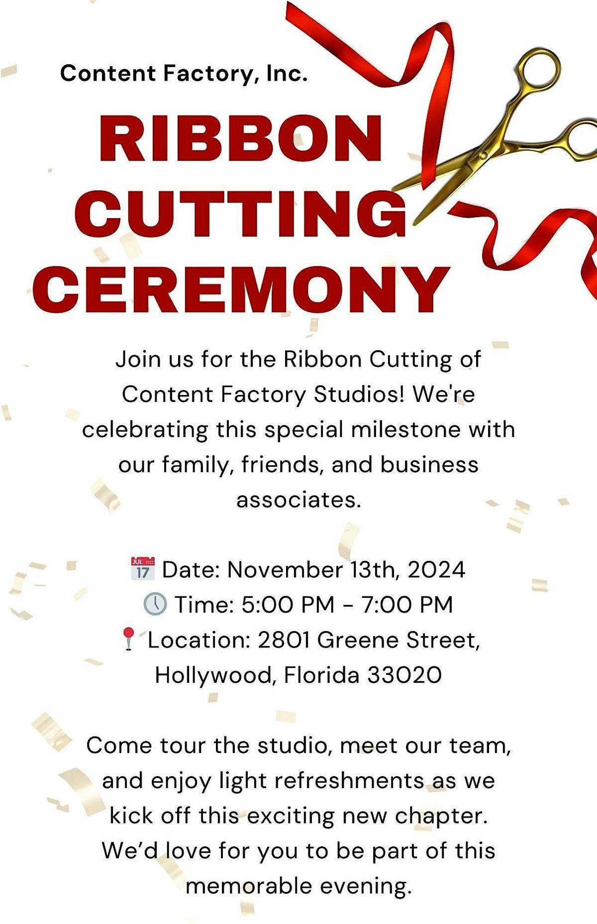 Join us for the Ribbon Cutting of Content Factory Studios!