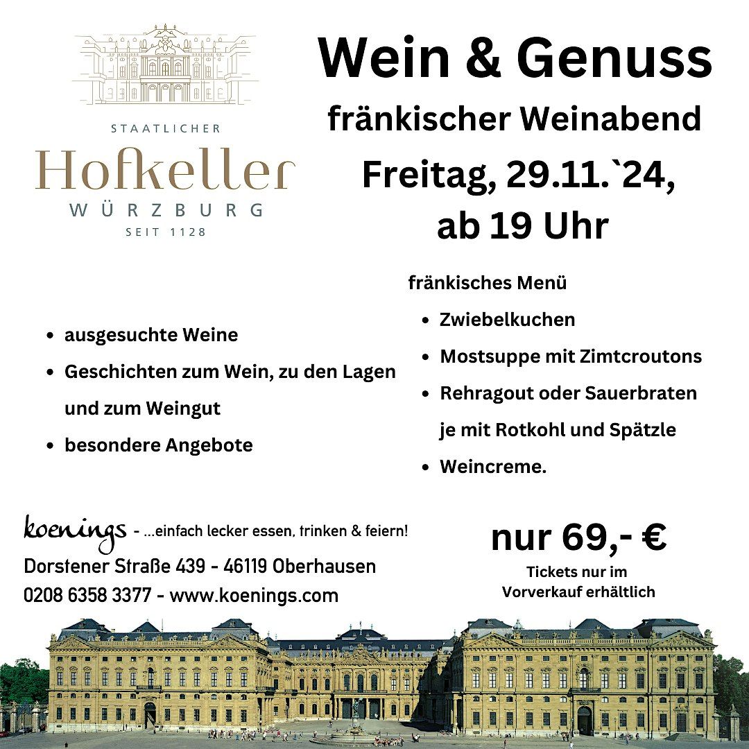 Wein und Genuss - fr\u00e4nkischer Weinabend, Freitag, 29.11.2024, 19 Uhr