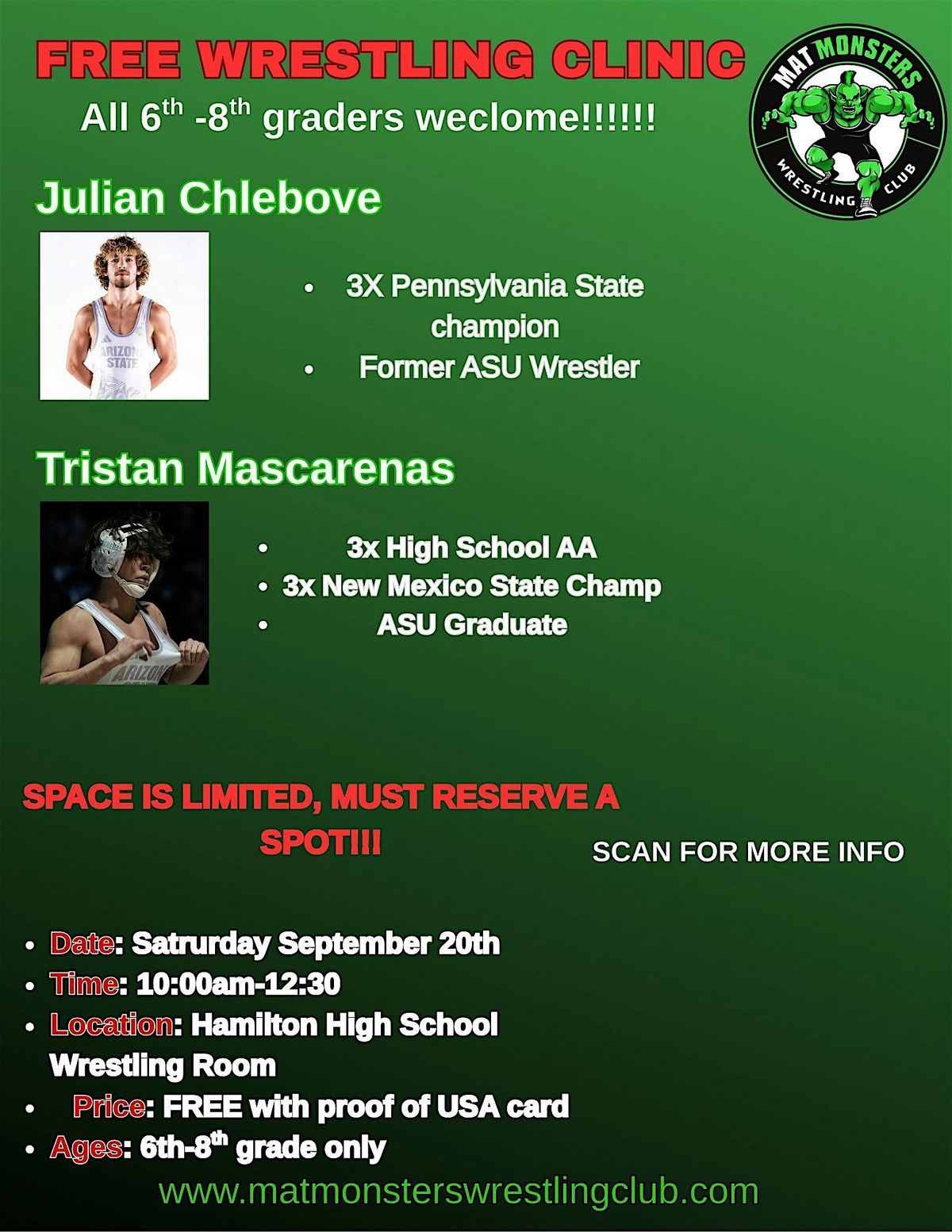 MAT MONSTERS FREE 6TH -8TH GRADE WRESTLING CLINIC