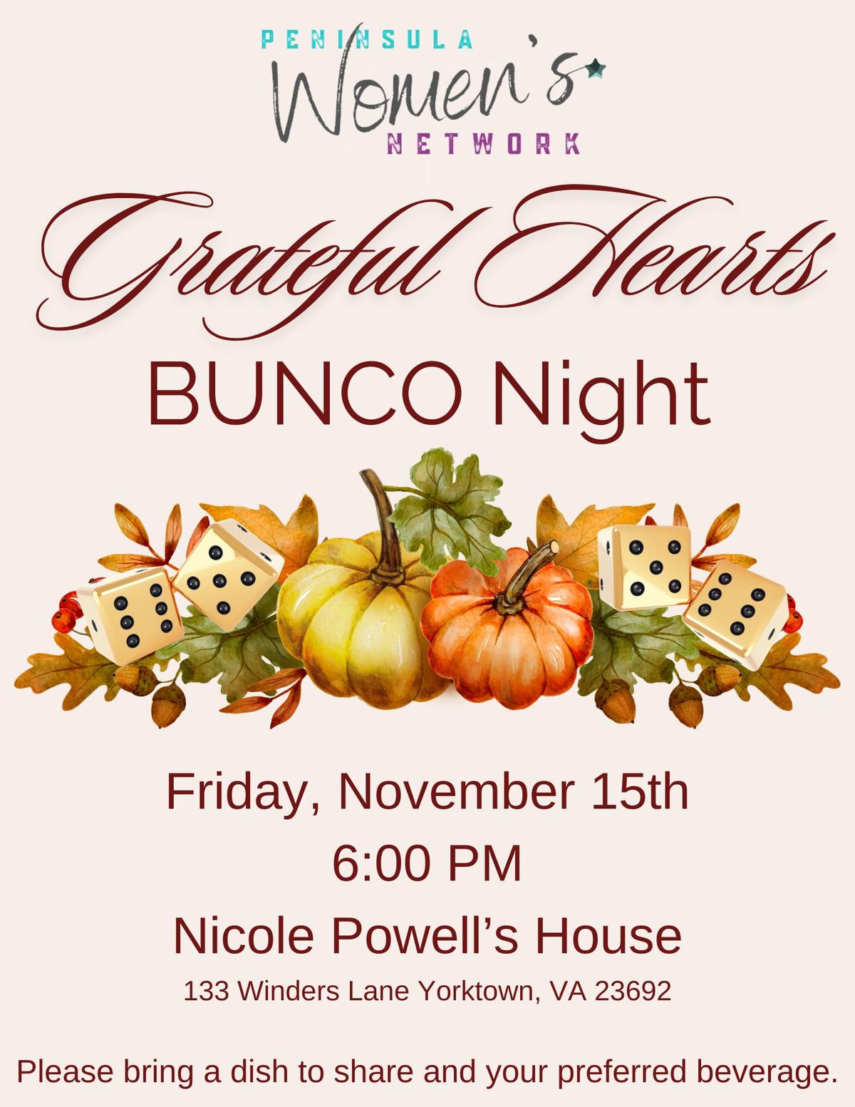 PWN BUNCO Night- Gather with Grateful Hearts November Evening Social