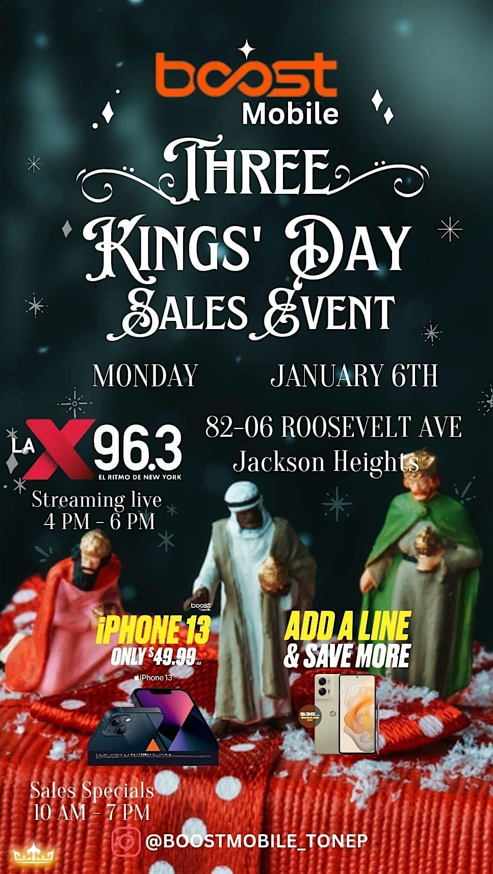 Boost Mobile celebrating The 3 Kings at 82-06 Roosevelt Ave Jackson Heights