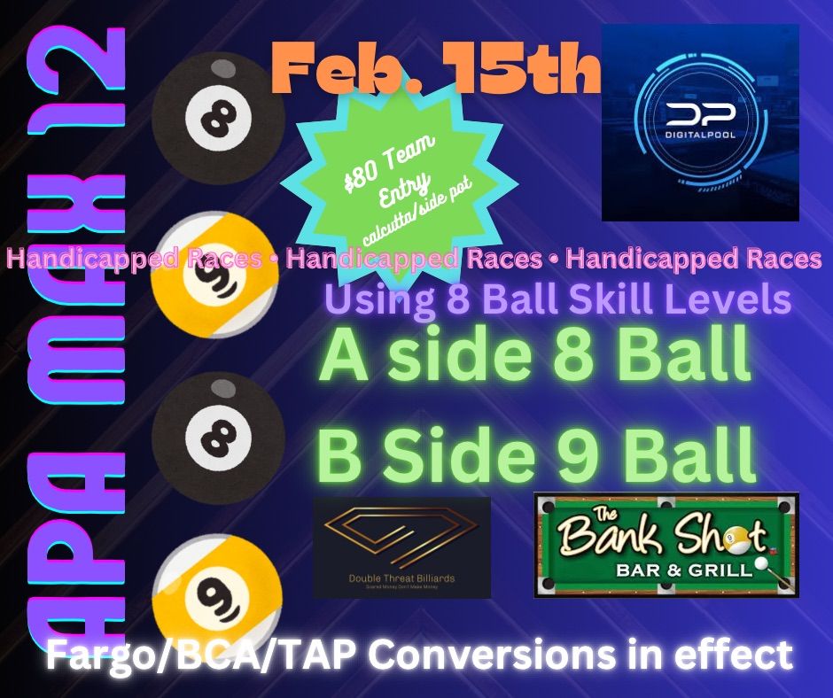 Max 12: 8 Ball A Side \u2022 9 Ball B Side