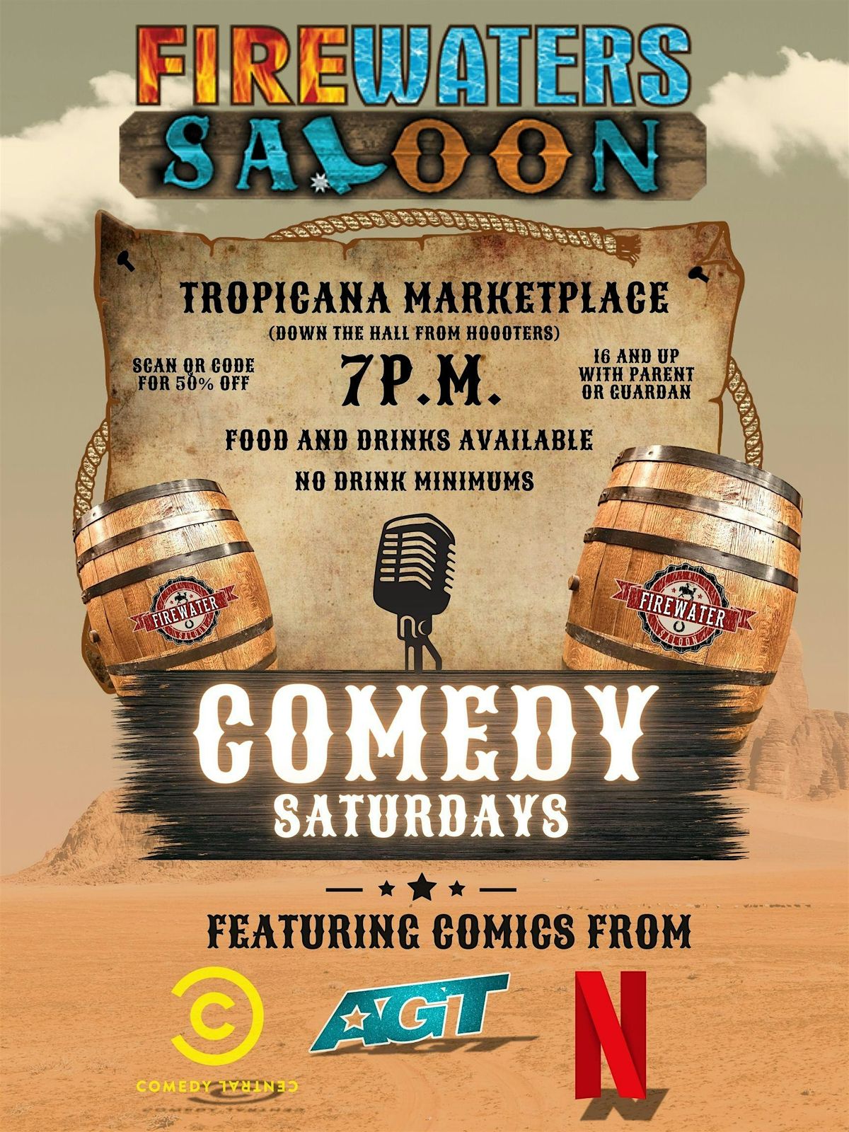 50% Off Comedy Saturdays-Tropicana Casino Firewaters Saloon 7pm