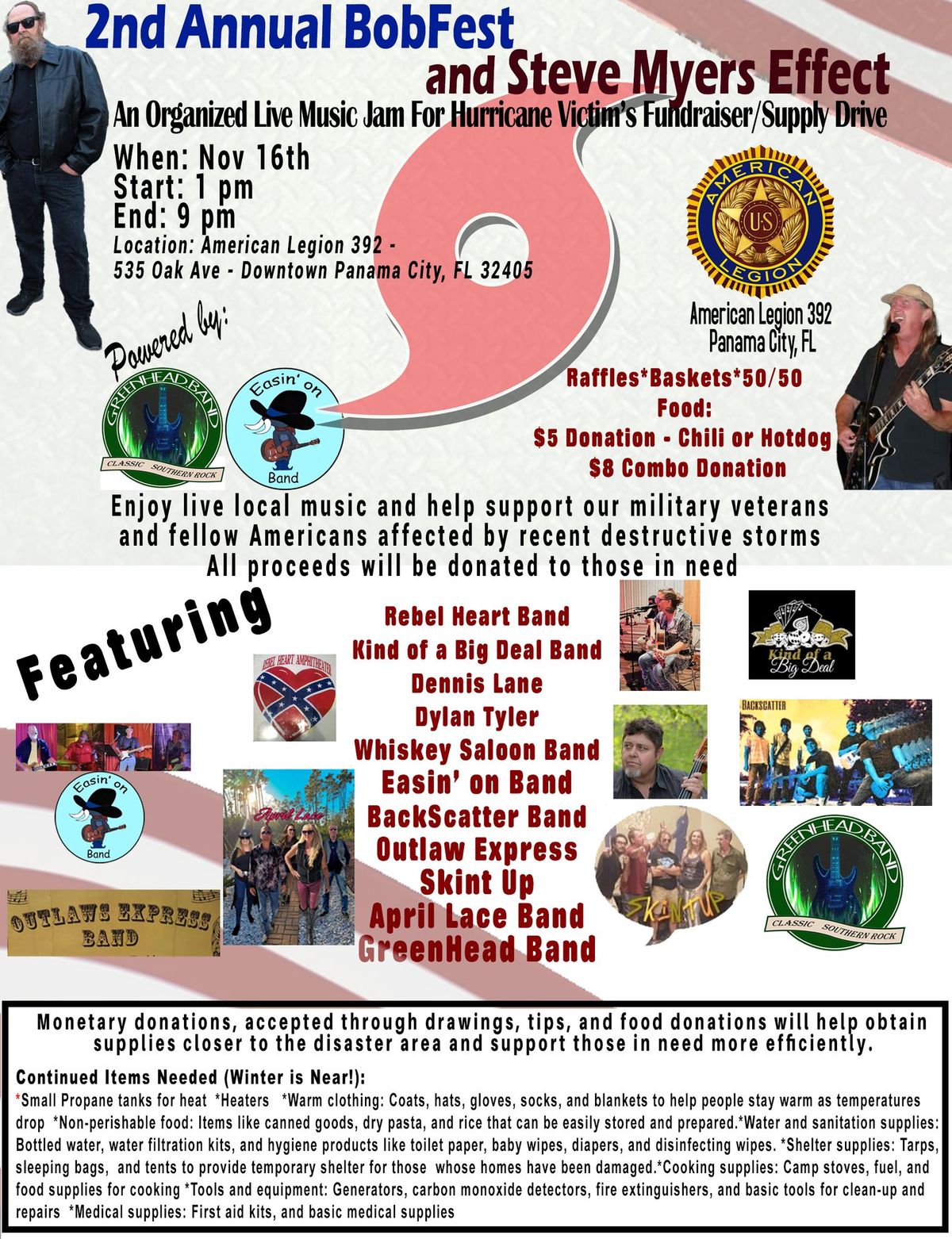 2nd Annual Bobfest - Organized Music Jam Benefit - American Legion Post 392- Hurricane Supply Drive