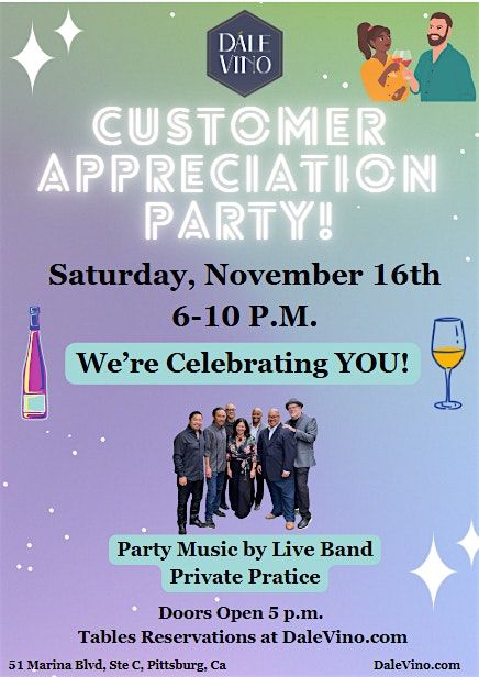 D\u00e1le Vino Customer Appreciation party Ft Live Band Private Practice!