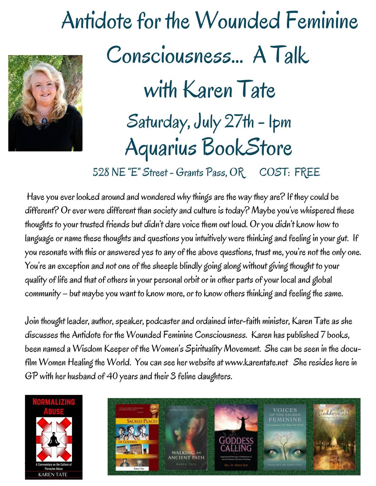 Antidote for the Wounded Feminine Consciousness - A Talk with Karen Tate @  Aquarius Books in GP