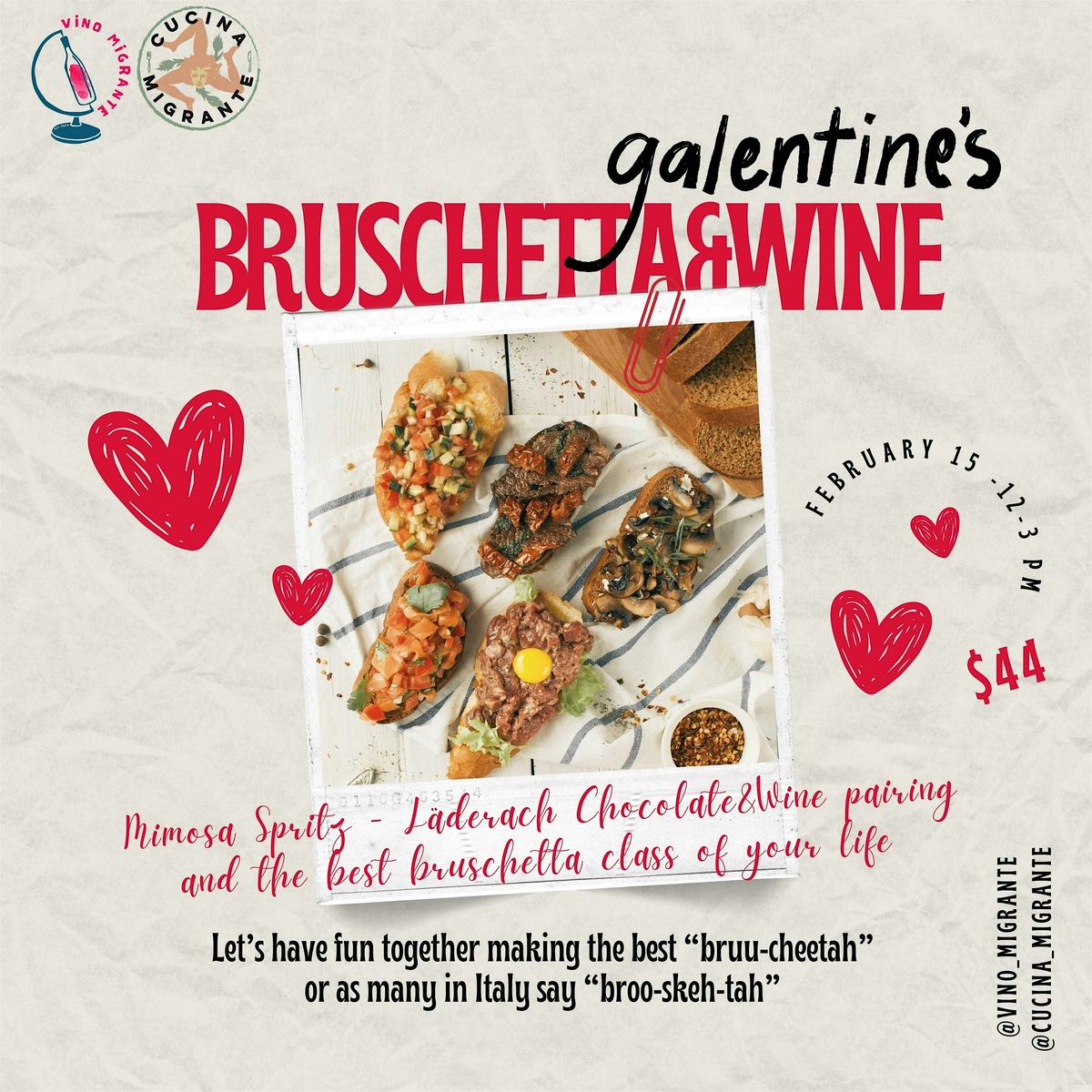 Galentine\u2019s 2025 Celebration: Mimosas, Chocolate, Wine & Bruschetta!