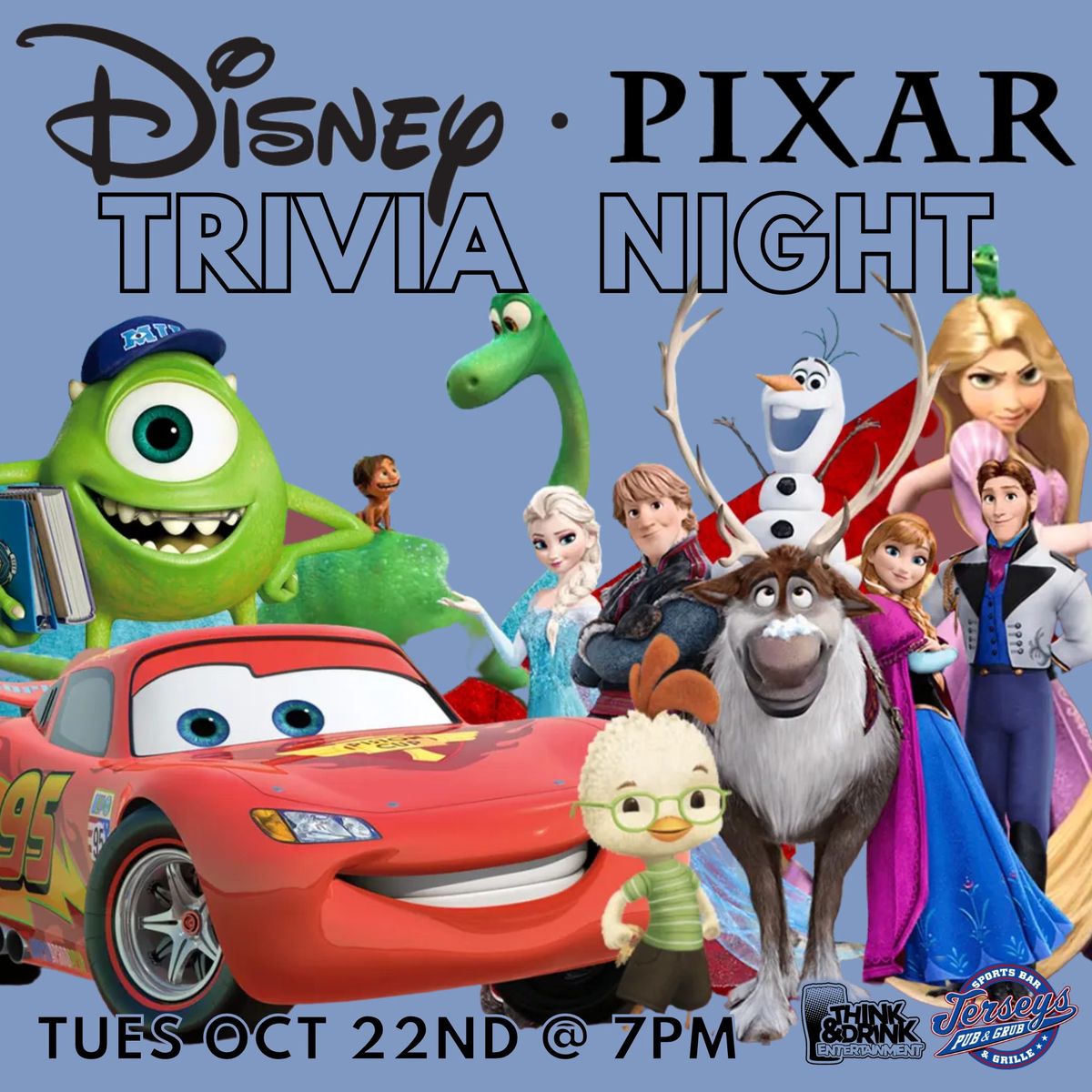 DISNEY PIXAR Trivia Night @ Jerseys Pub and Grub (Cedar Rapids, IA) \/ Tuesday, October 22nd @ 7pm