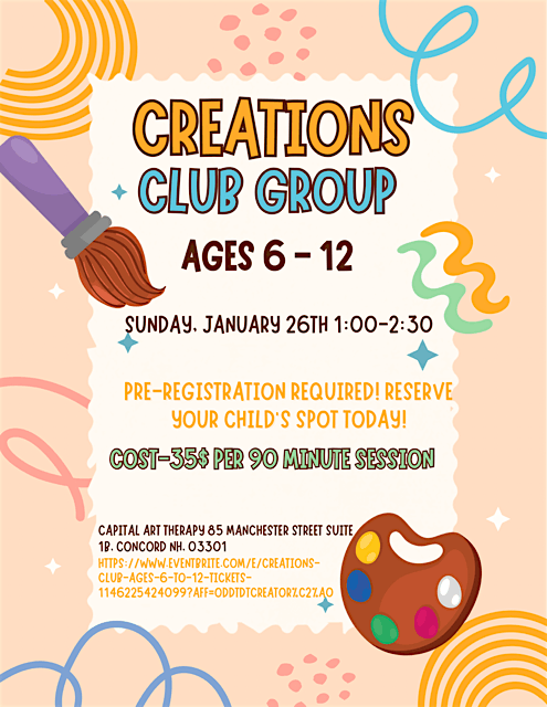 Creations Club Ages 6 to 12 Meets 3 times: 10\/6, 10\/13, and 10\/20