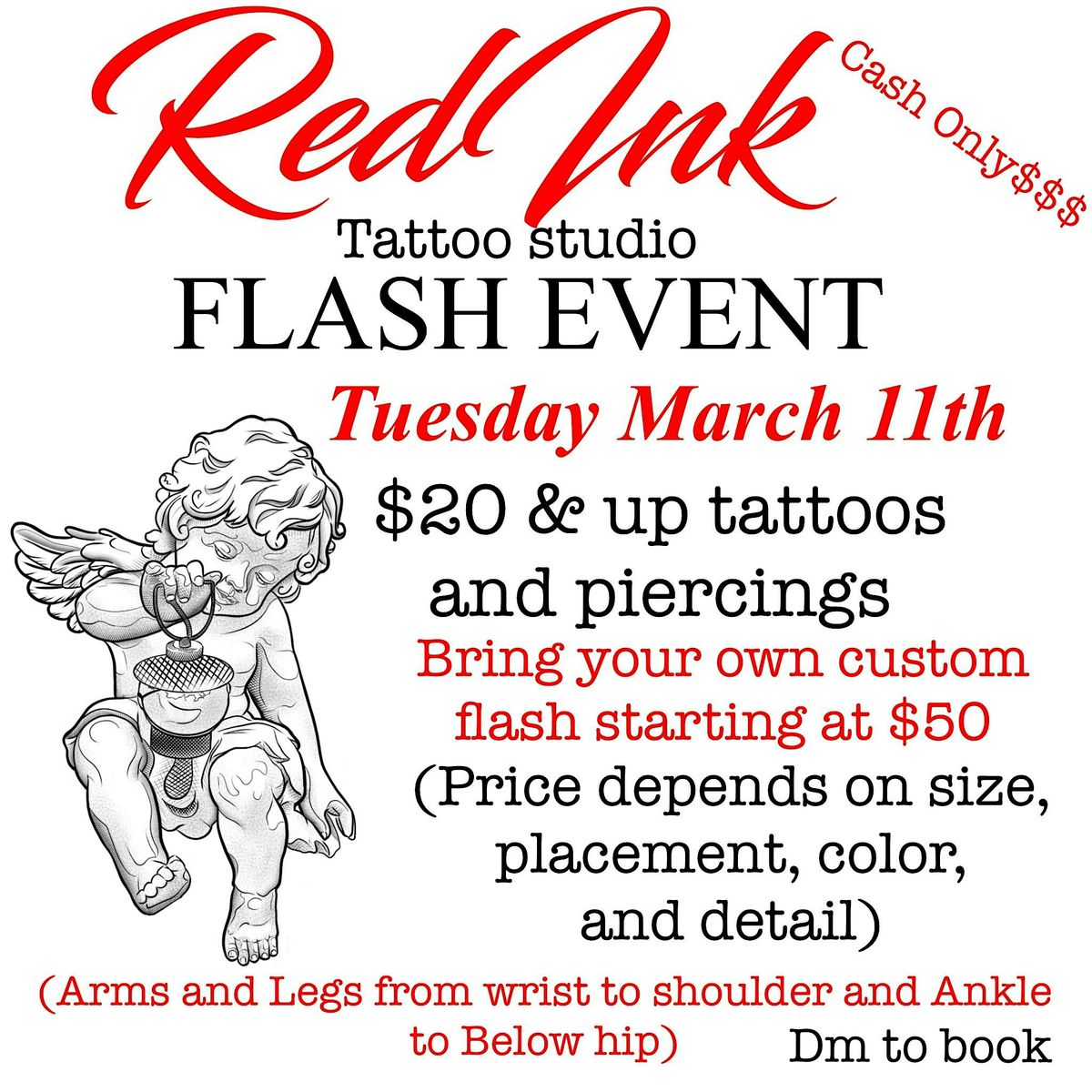 FLASH $20  AND UP TATTOOS AND PIERCINGS MARCH 11TH!!!