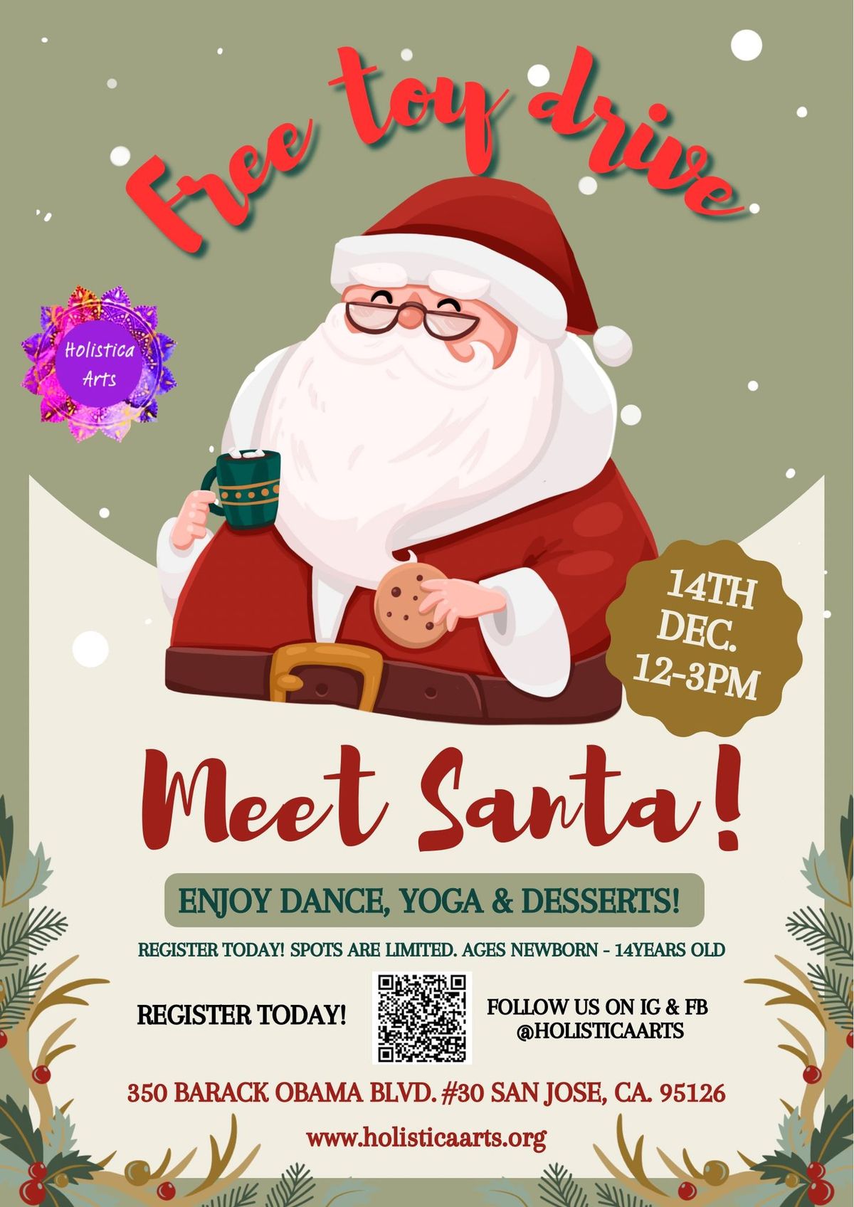 Free toy drive & Meet Santa! Plus dance, yoga & desserts! 