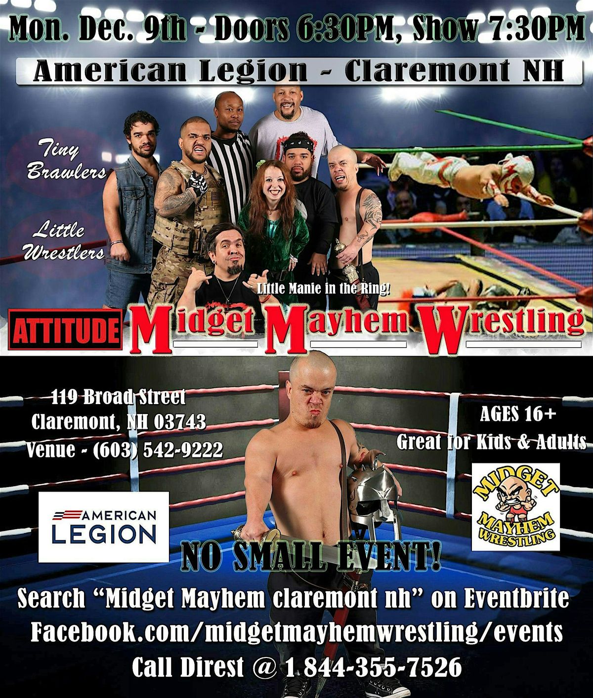 Midget Mayhem Wrestling with Attitude!  Claremont NH 16+