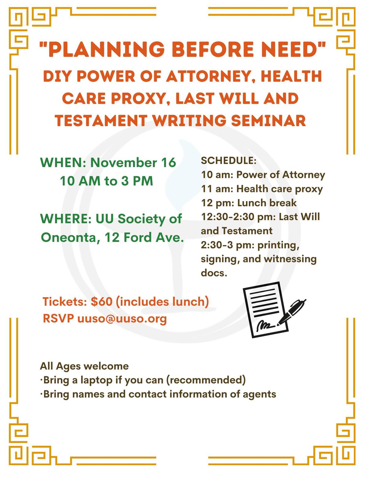 "Planning Before Need" DIY Power of Attorney, Health Care Proxy and LWT Writing Seminar