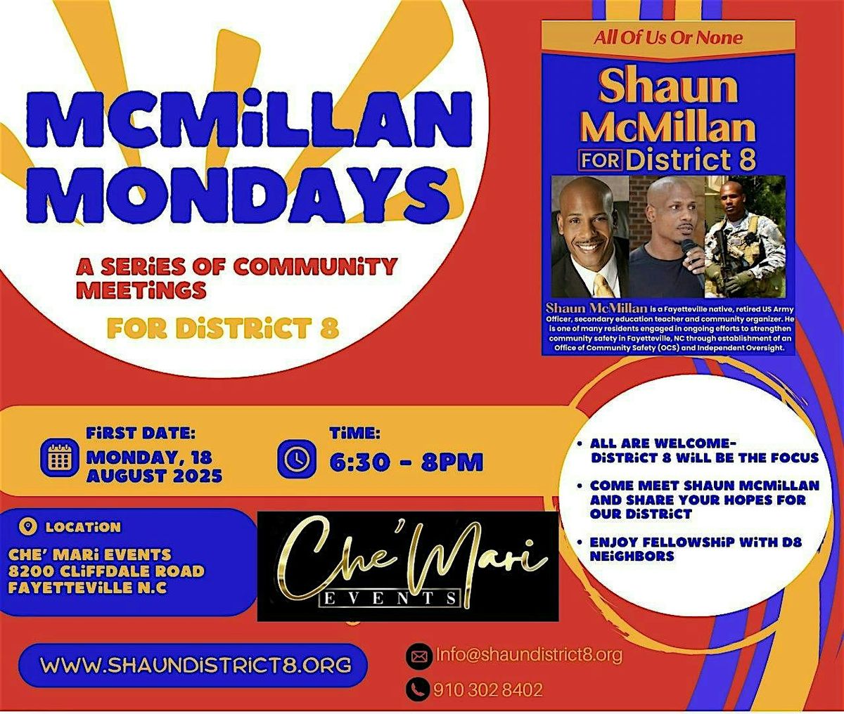 RSVP - McMillan Mondays for District 8 -  August 18th,  6:30pm