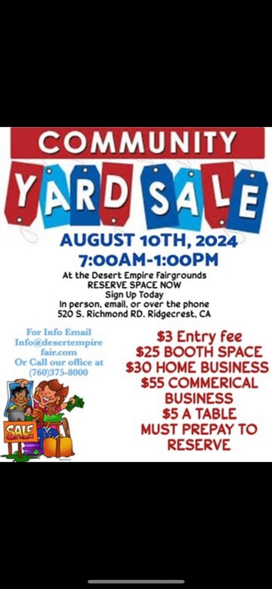 Community Garage Sale Aug 10 at DEF Booths still available 