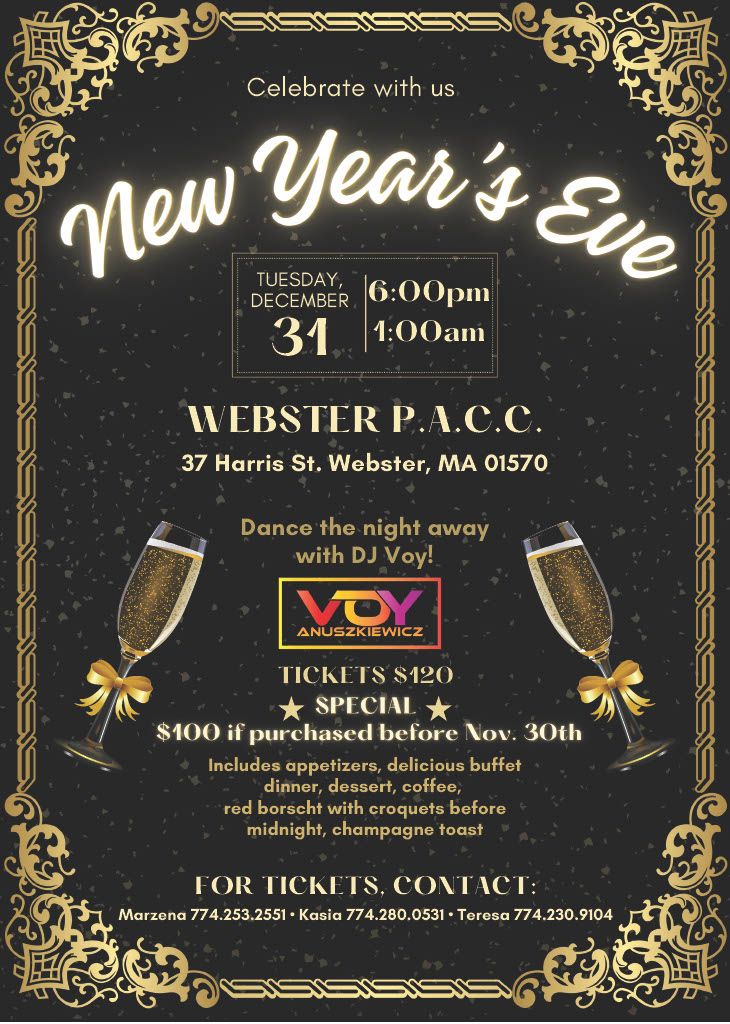 New Year's Eve Celebration at PACC in Webster, MA!