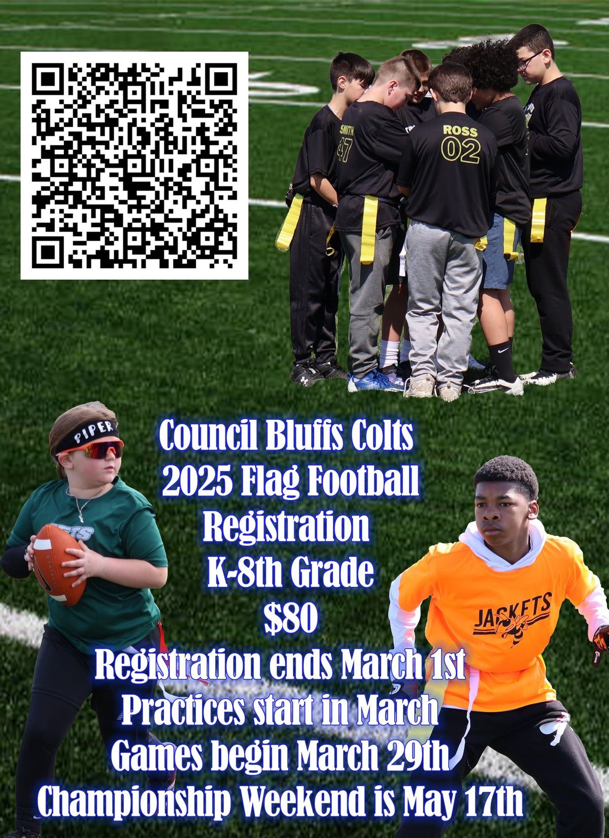 Council Bluffs Colts Flag Football In Person registration and payments. 