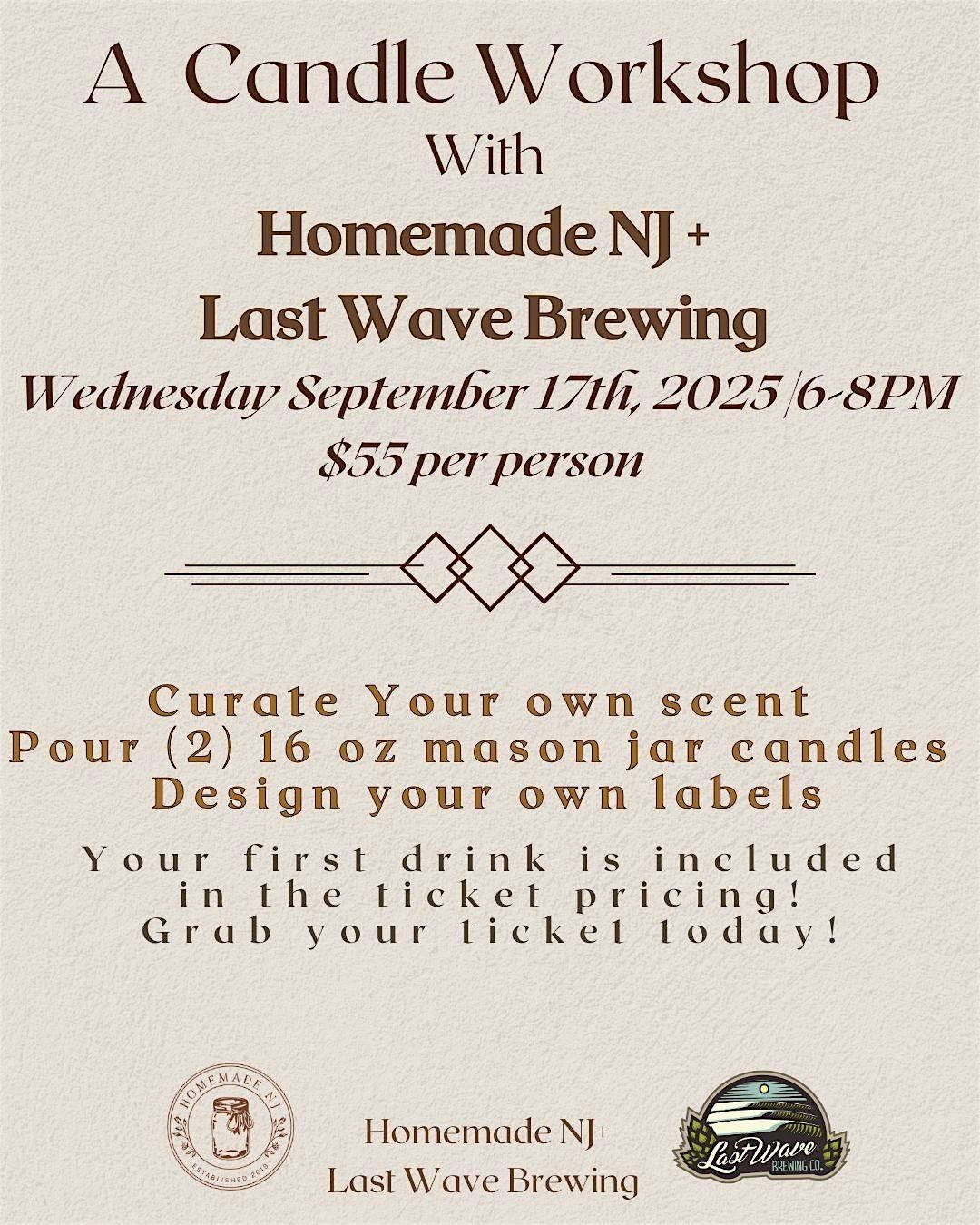 WEDNESDAY SEPTEMBER 17TH CANDLE WORKSHOP WITH LAST WAVE BREWING
