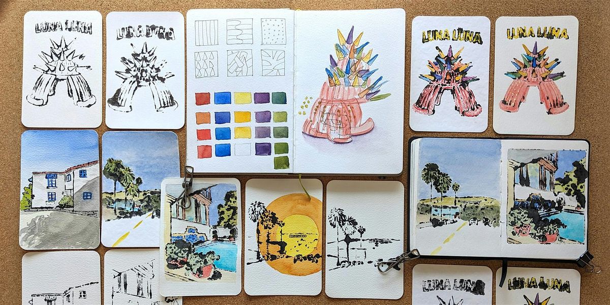 Inked Monoprint Postcards and Souvenir Sketchbooks with Shasta