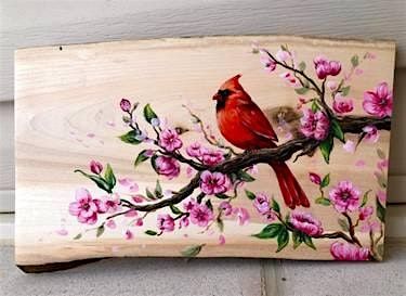 Cardinal and Flowers on Wood