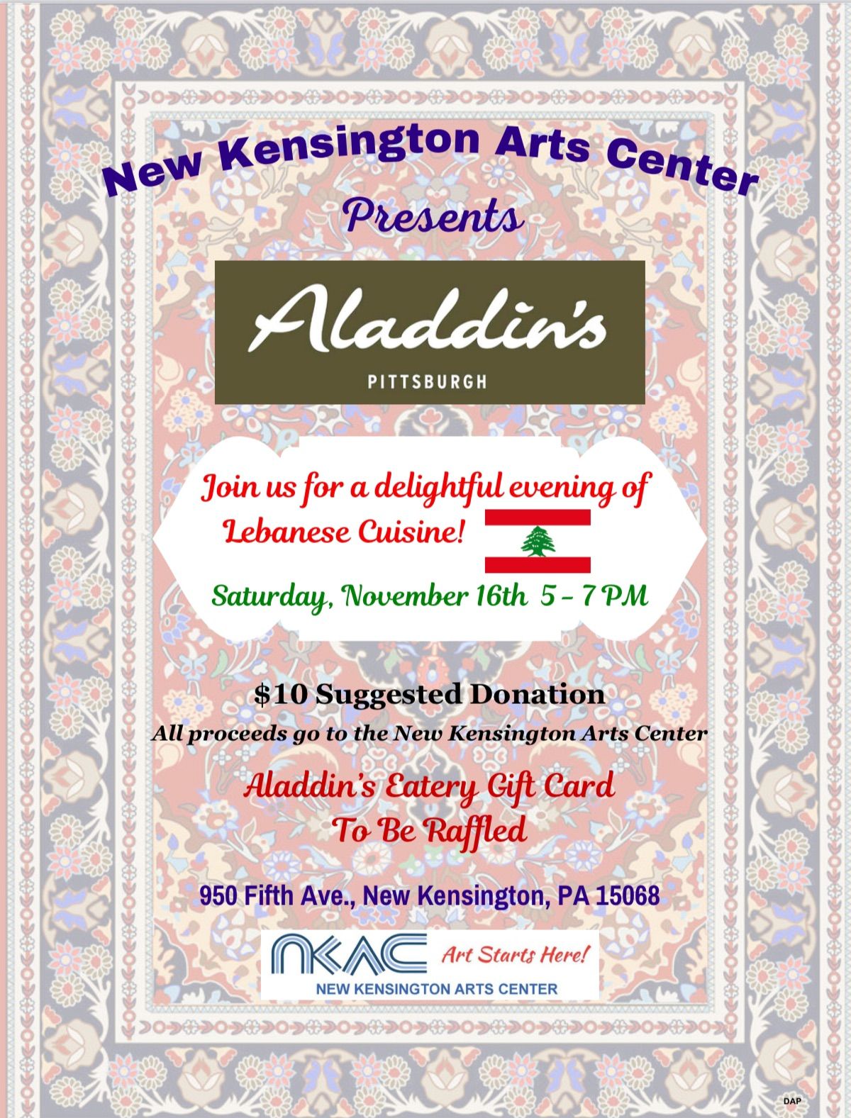 New Kensington Arts Center Presents: A Special Lebanese Cuisine Night Featuring Aladdin's Pittsburgh!