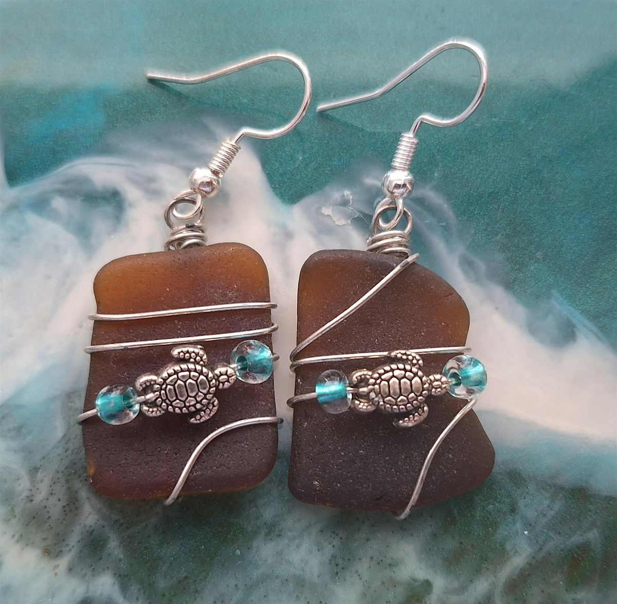 Sea Glass Wire Wrap Earrings with Sea Turtle Charm