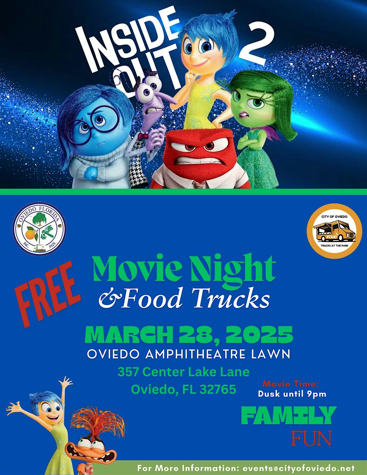 The City of Oviedo March 2025  Movie Night in The Park: Inside Out 2