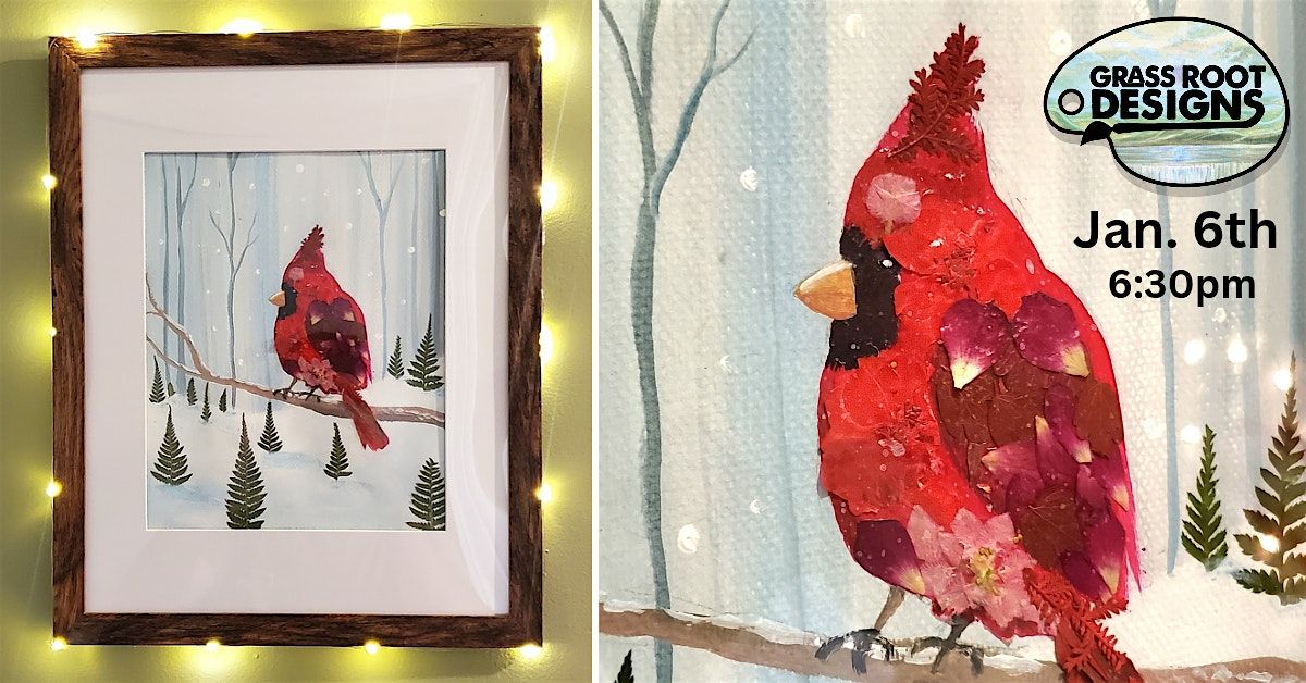 Pressed Flower Cardinal Framed| Paint + Sip Medina Brewing