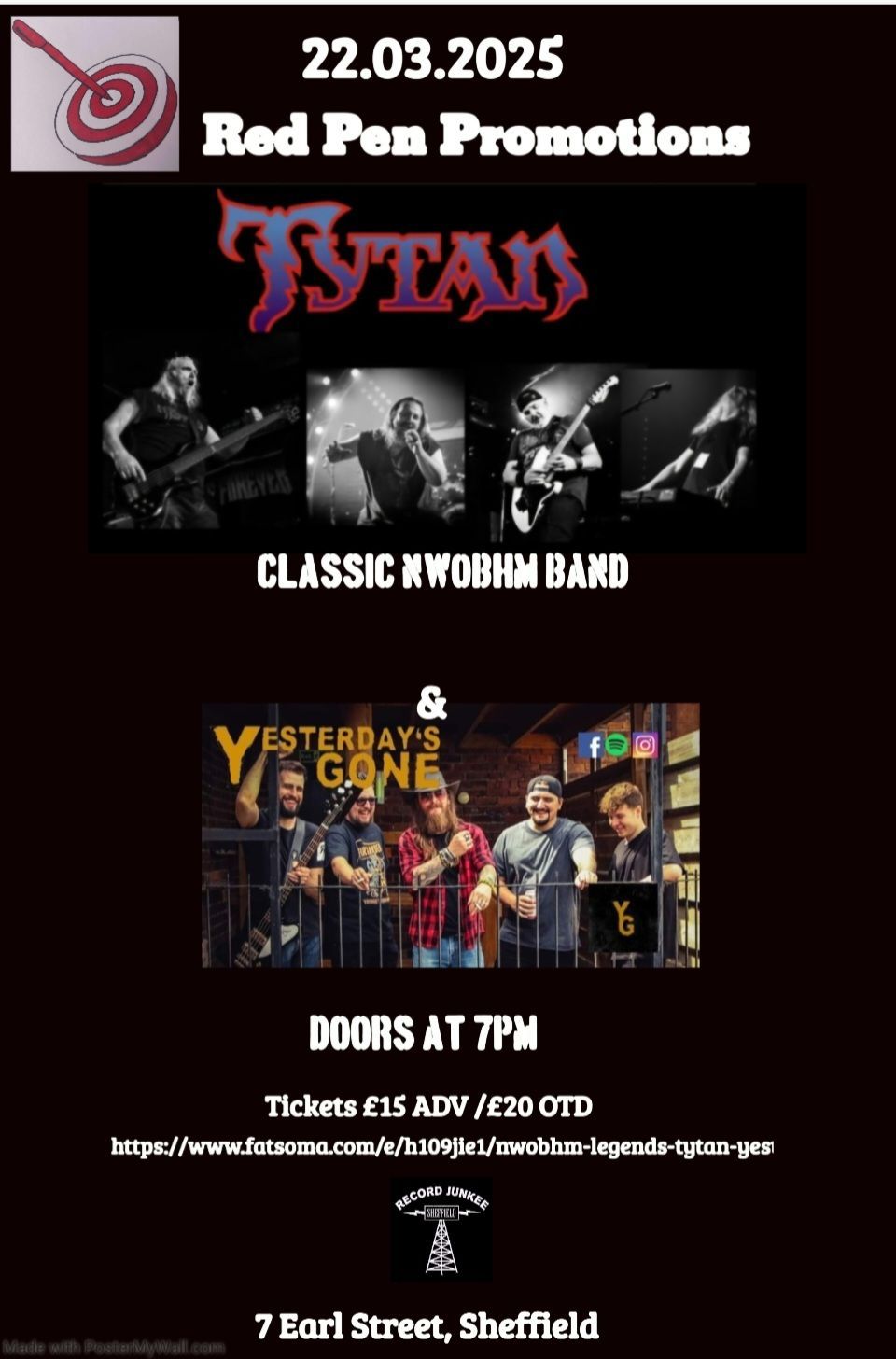 NWOBHM Legends, TYTAN + Yesterday's Gone - \u00a315 ADV \/ \u00a320 OTD 