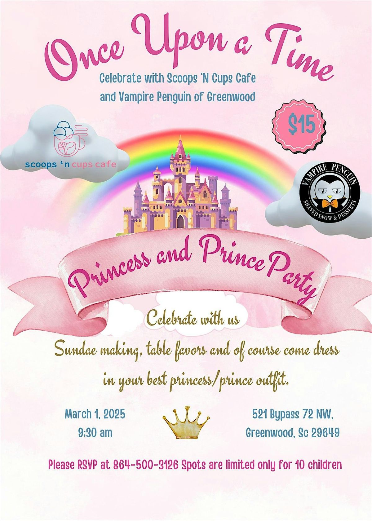 Once Upon a Time Princess and Prince Party at Scoops 'N Cups Cafe