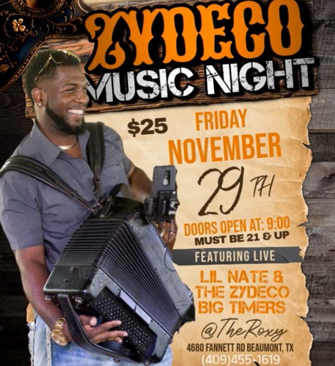 Zydeco Night featuring Lil Nate and the Zydeco Big Timers at The Roxy Beaumont