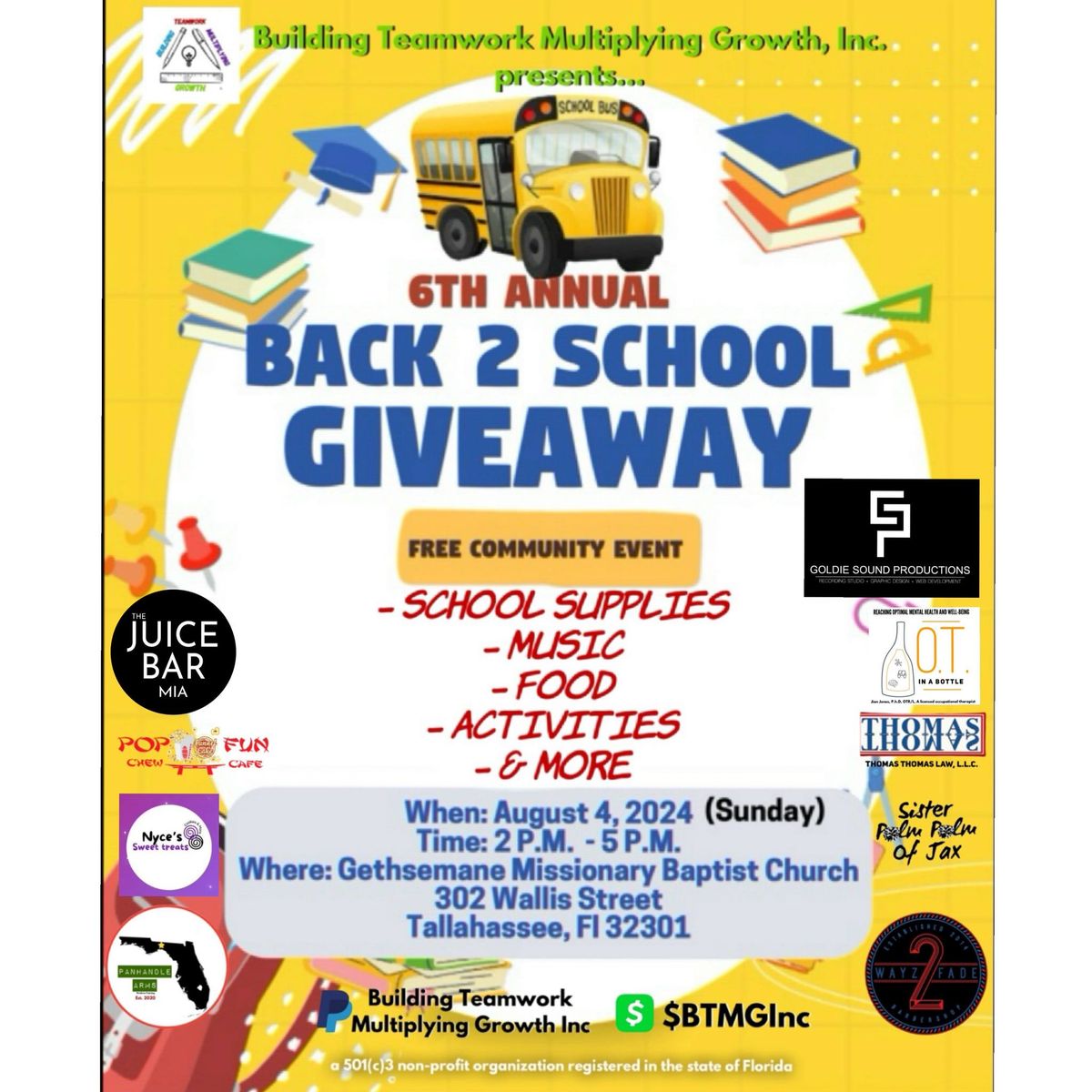 Building Teamwork Multiplying Growth, Inc. 6th Annual Back 2 School Giveaway 