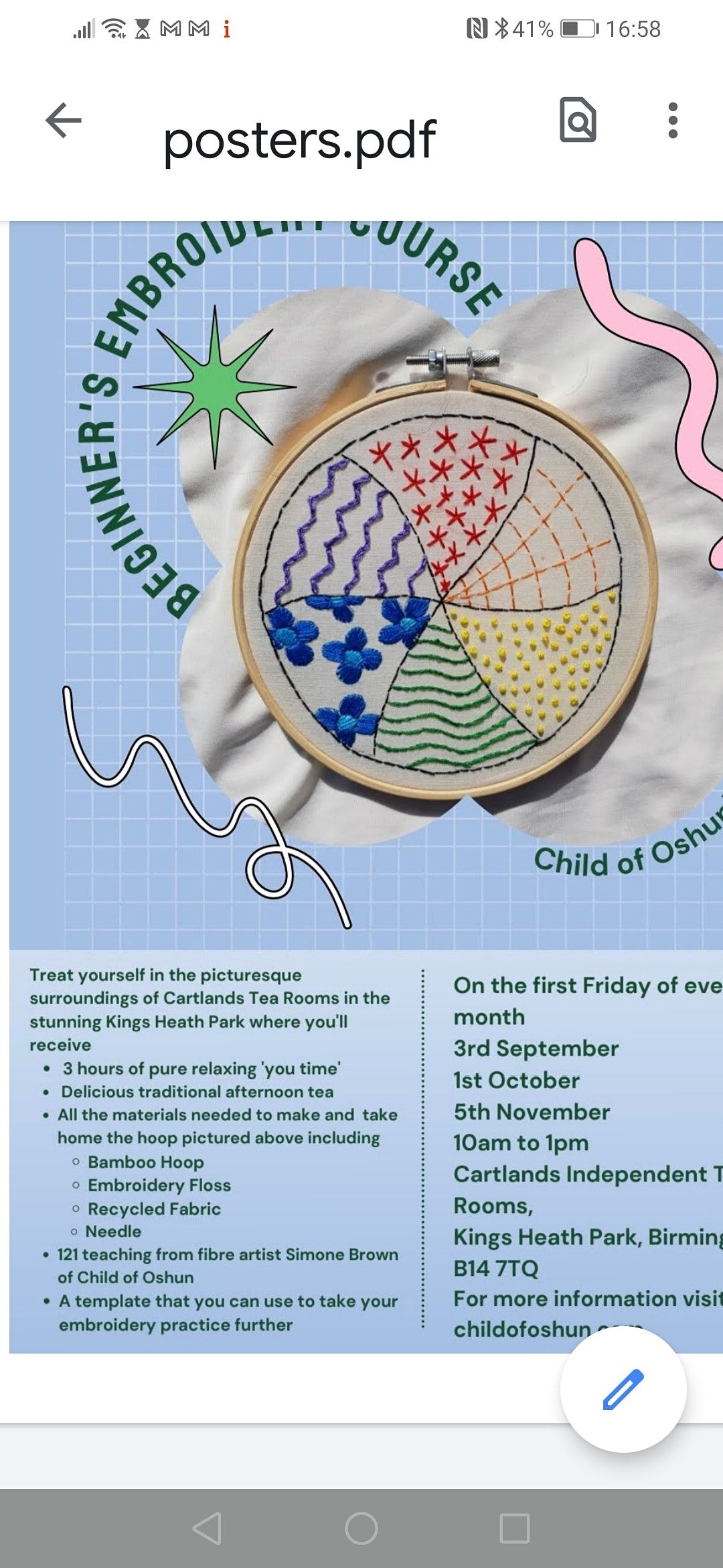 Slow Craft Beginner's Embroidery Class with Aftern