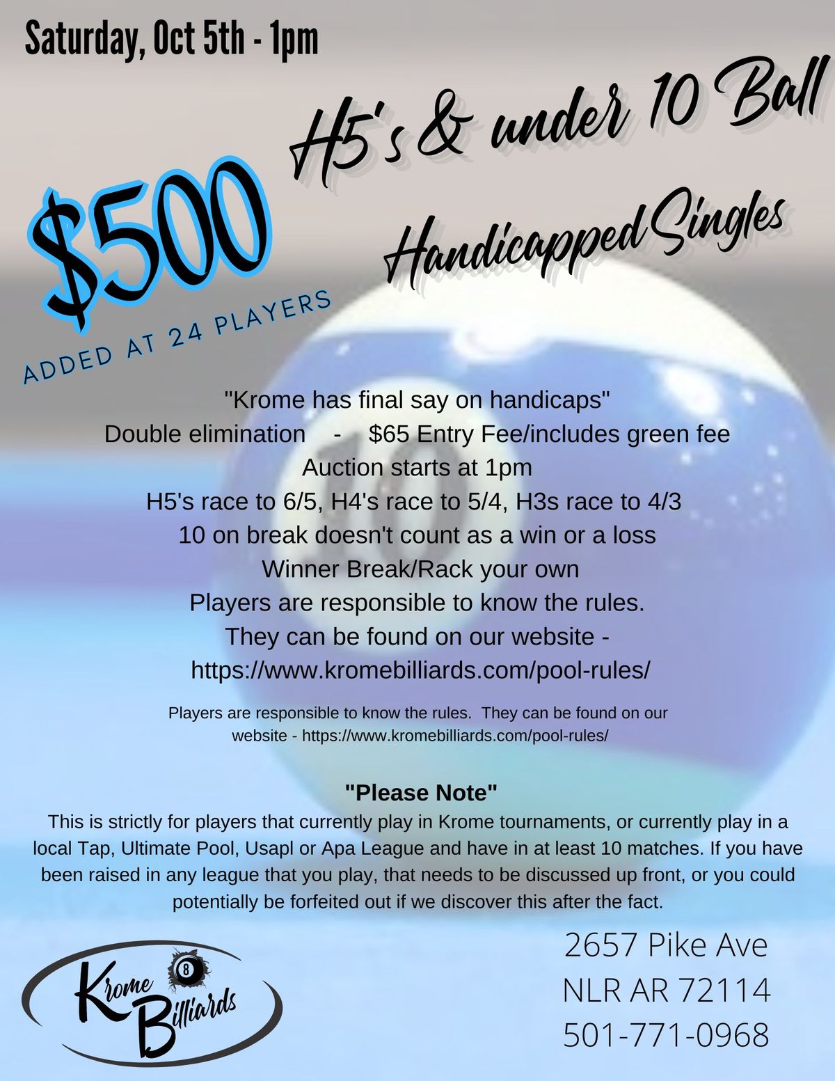 H5's 10 Ball Singles - $500 added at 24