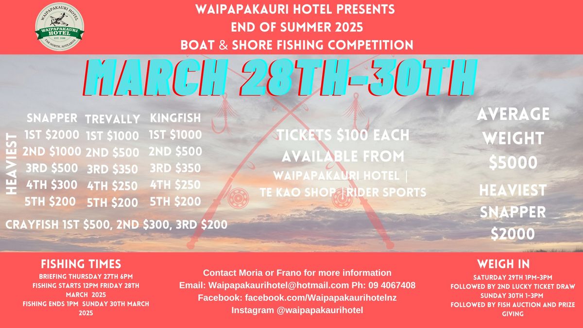 WAIPAPAKAURI HOTEL'S END OF SUMMER BOAT AND SHORE FISHING COMPETITION 2025