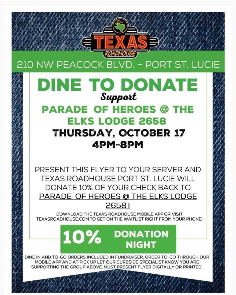 Texas road House Dine and Donate !!! \u201cParade of Hero\u2019s 