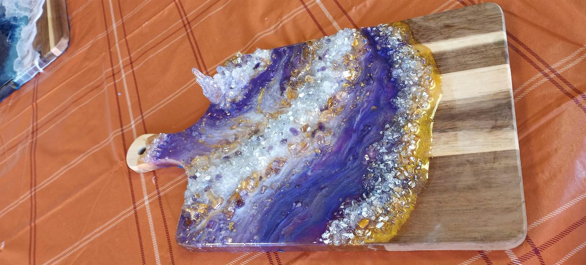 Resin  pour with CRYSTALS on a charcuterie board workshop