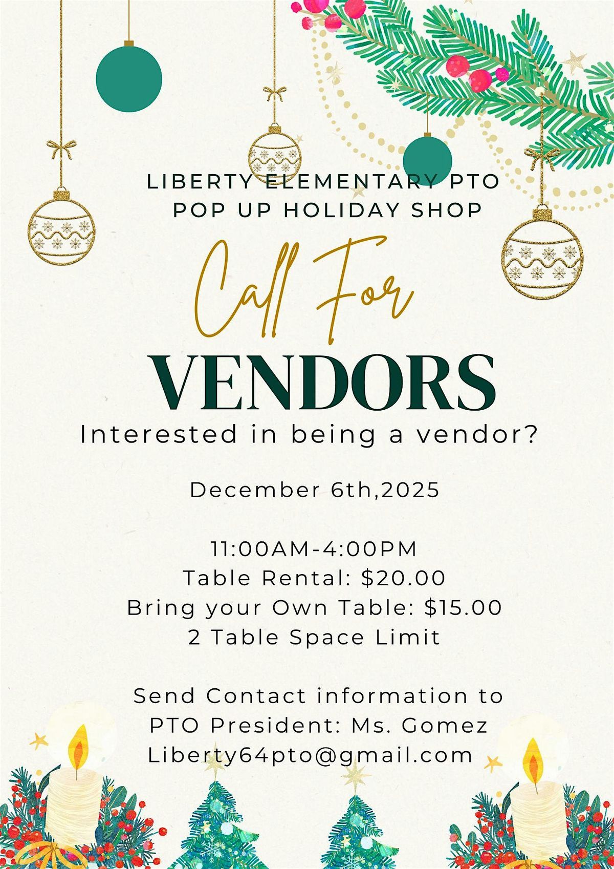 Liberty Elementary P.T.O. HOLIDAY POP UP SHOP Vendors Call