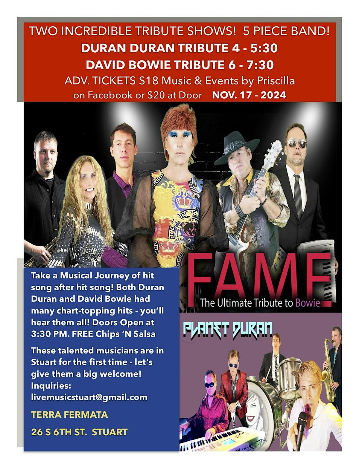 DAVID BOWIE & DURAN DURAN TRIBUTE - 2 Shows Back to Back, Stuart FL