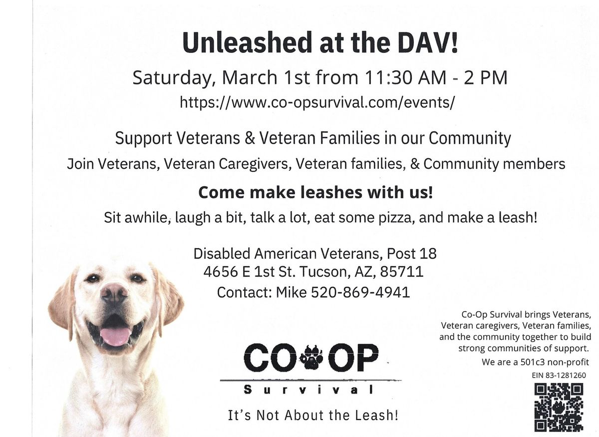 Unleashed at the DAV. Come out, make a leash, have some pizza. Open to all. This is a free event.