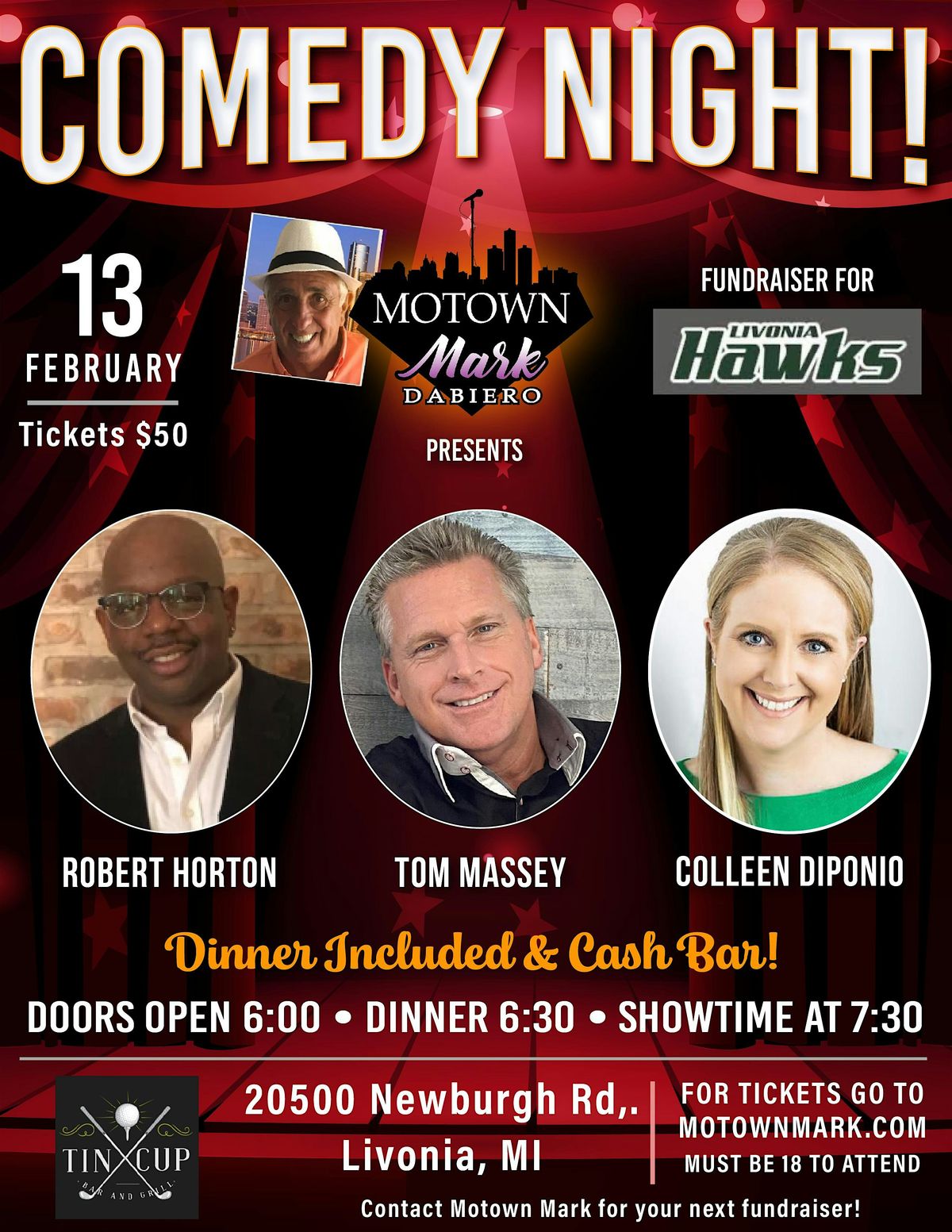 Motown Mark's Comedy Night at the Tin Cup in Livonia with Dinner Included!