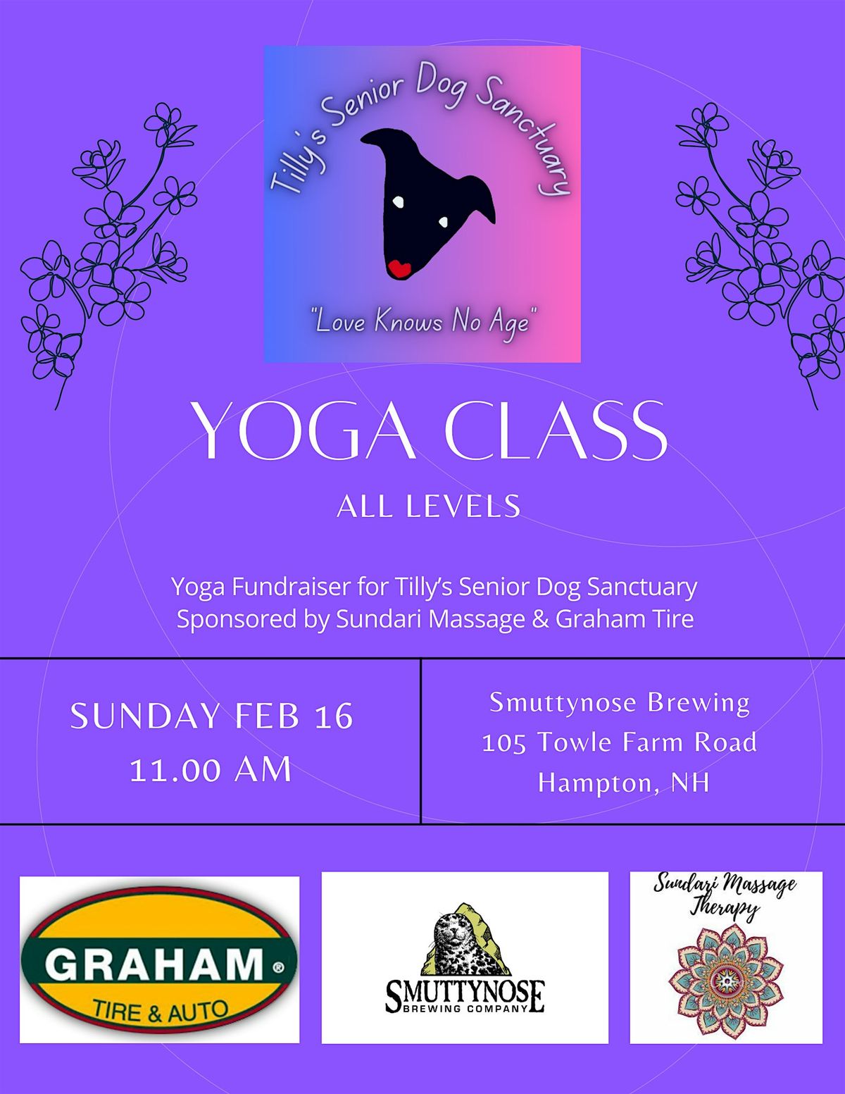 Charity Yoga All Levels Class to benefit Tilly's Senior Dog Santcuary!