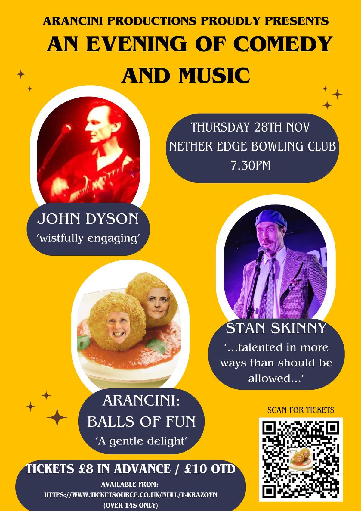 An evening of comedy and music - Arancini (Helen Rice & Sarah Carratt); Stan Skinny & John Dyson