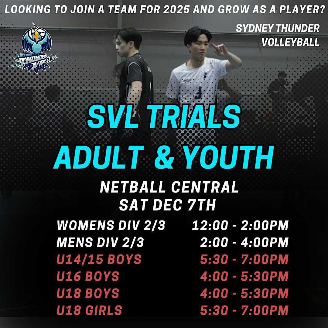 SVL Tryouts - Adult & Youth - Sydney Volleyball League - Sydney Thunder