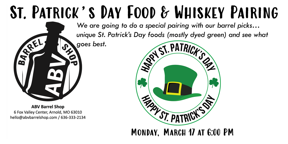 ABV Barrel Shop St. Patrick's Day Whiskey and Food Pairing Tasting