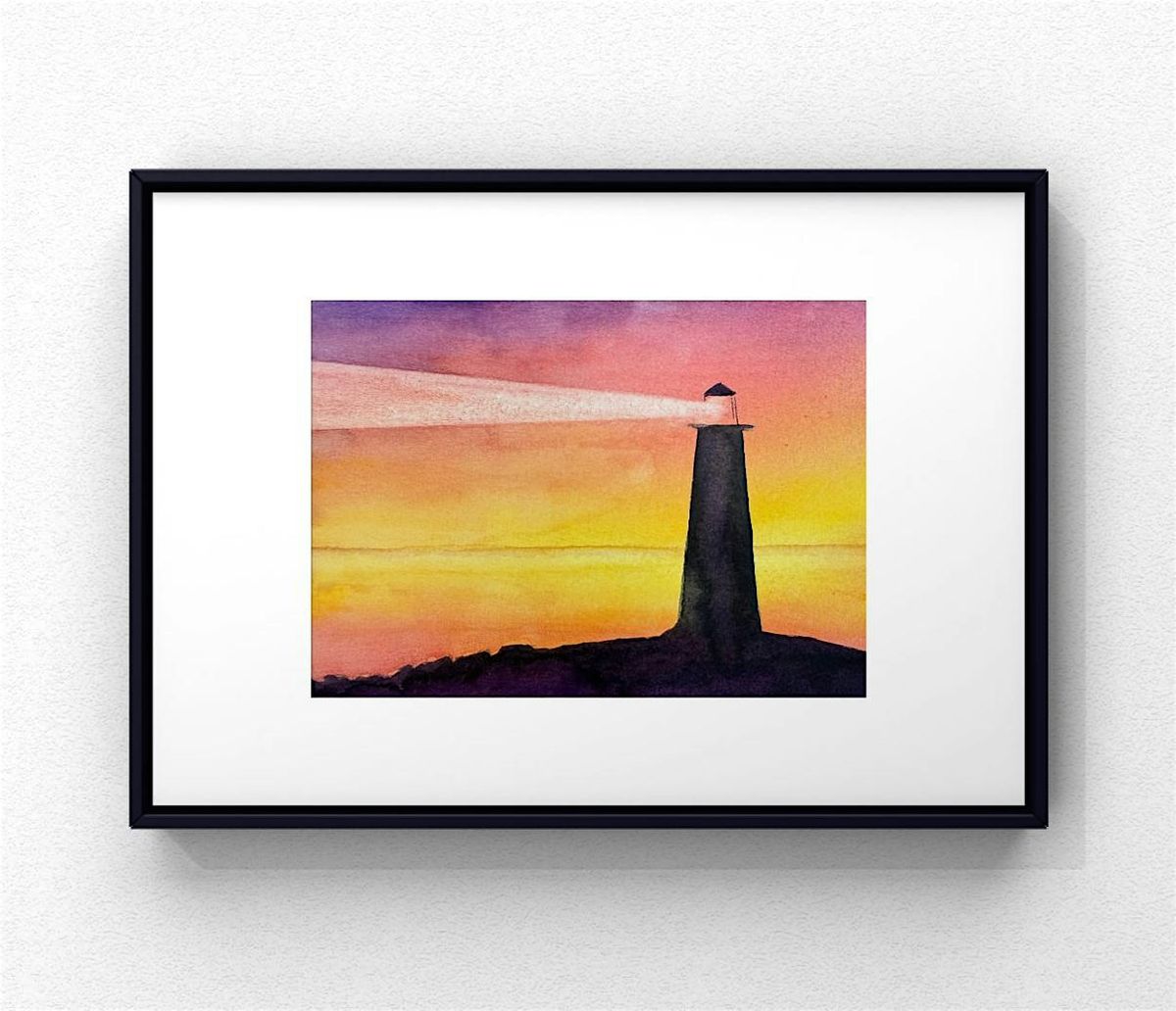 Lighthouse Sunset in Watercolor